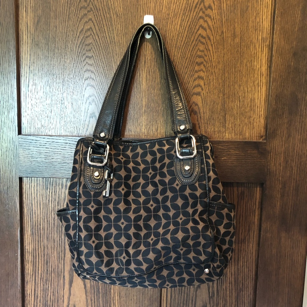 Fossil Brown Canvas Logo Leather Shoulder Strap Bag Purse With Key Fob Charm